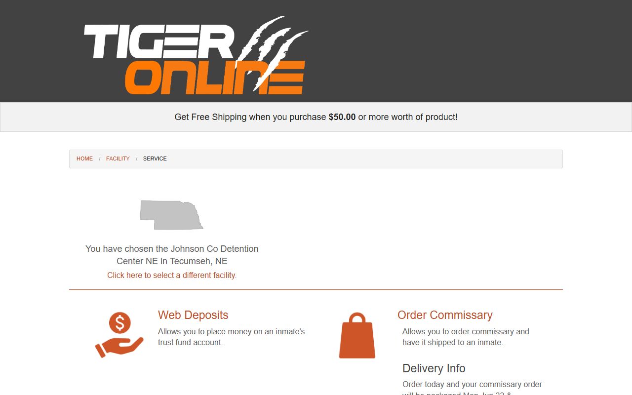 Tiger Commissary page for Johnson Co Detention Center NE deposits and commissary orders