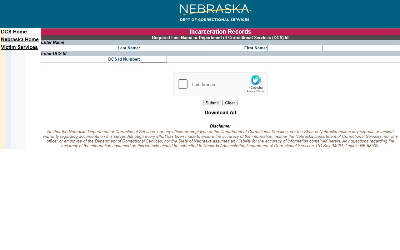 Nebraska Department of Correctional Services Incarceration Records search form