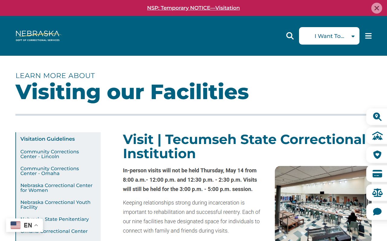 Tecumseh State Correctional Institution visitation scheduling form and visit options